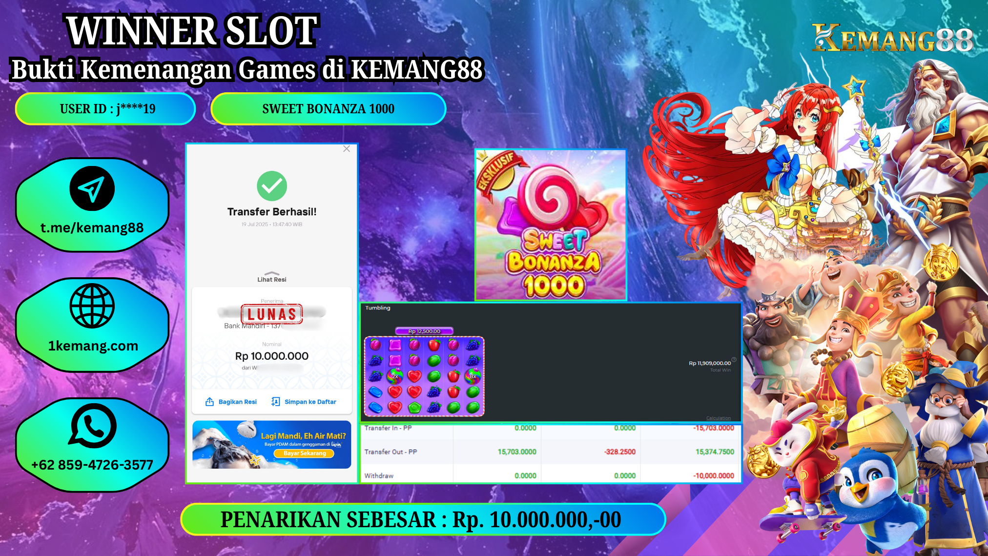 KEMANG88 [19 JULY 2025] : JACKPOT SLOT :  SWEET BONANZA 1000 [PP]  Rp.10.000.000.,- LUNAS